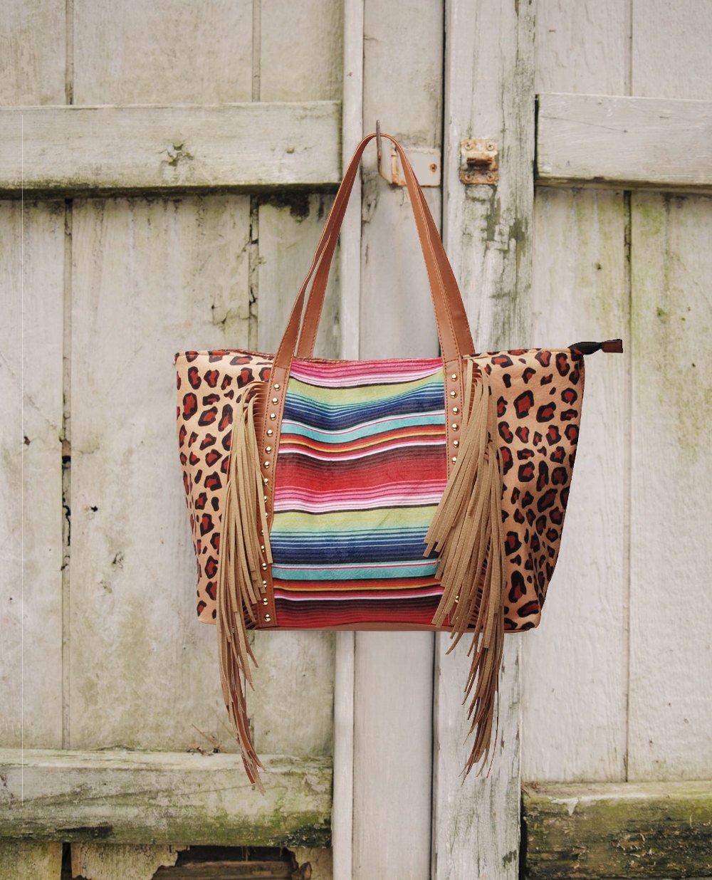 Leopard cow print sunflower sunflower tassel rivet PU super large capacity shoulder bag