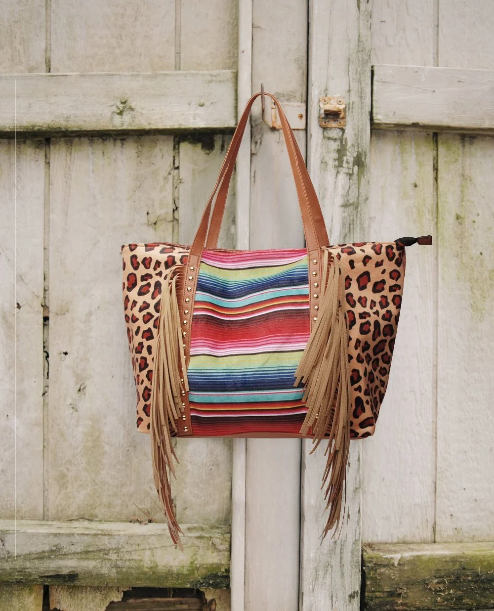 Leopard cow print sunflower sunflower tassel rivet PU super large capacity shoulder bag