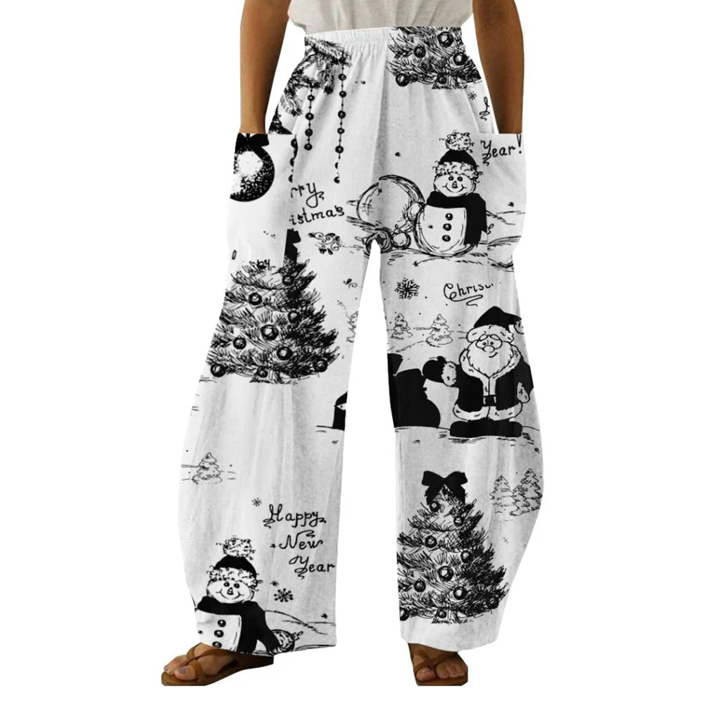 Christmas White Print Vintage Slacks--01