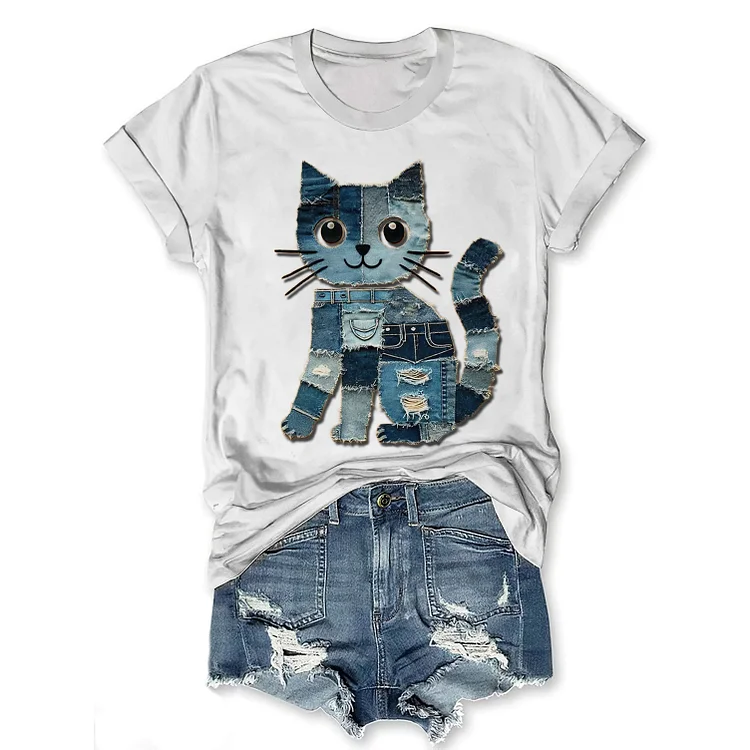Utbros Women's Cat Denim Patchwork Print T-shirt