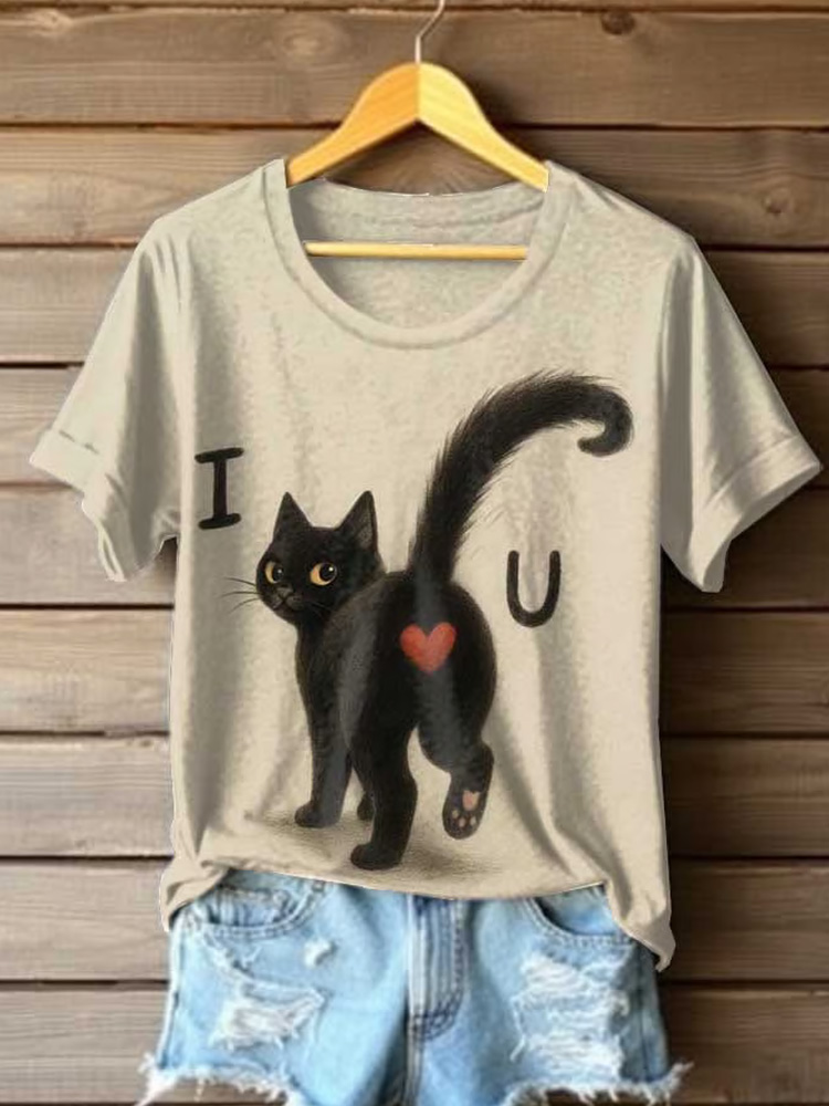 Women's Retro Cat I Love You Print T-shirt wearshes