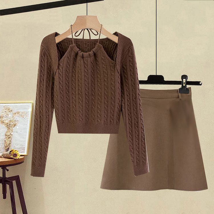 Pure Color Knit Sweater A-line PU Skirt Set - Modakawa Modakawa