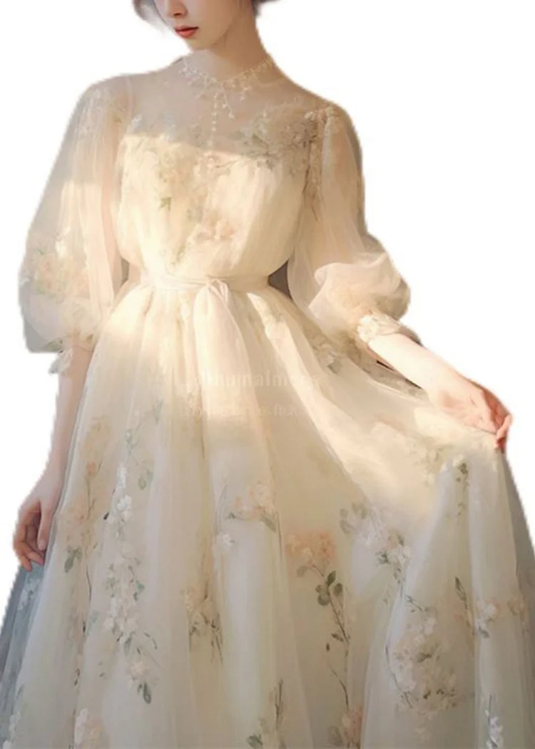 Nathalie One Shoulder Puff Sleeves Maxi Dress in Beige