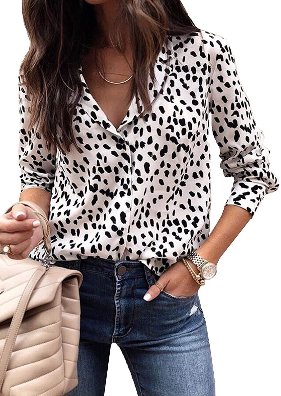 Womens V Neck Leopard Casual Print Tunic Long Sleeve Button Down Shirt Tops