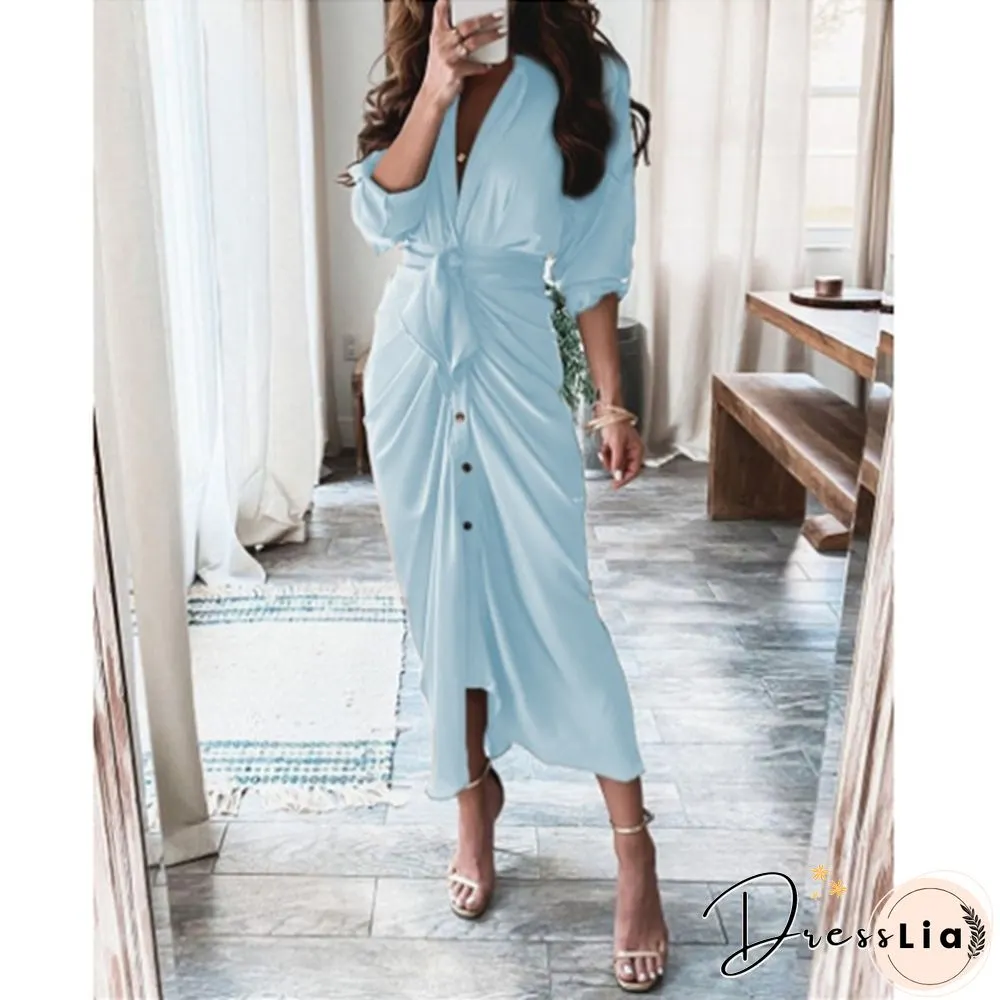 Women's Fashion Summer Long Sleeve V-Neck Button Print Dress Long Skirt