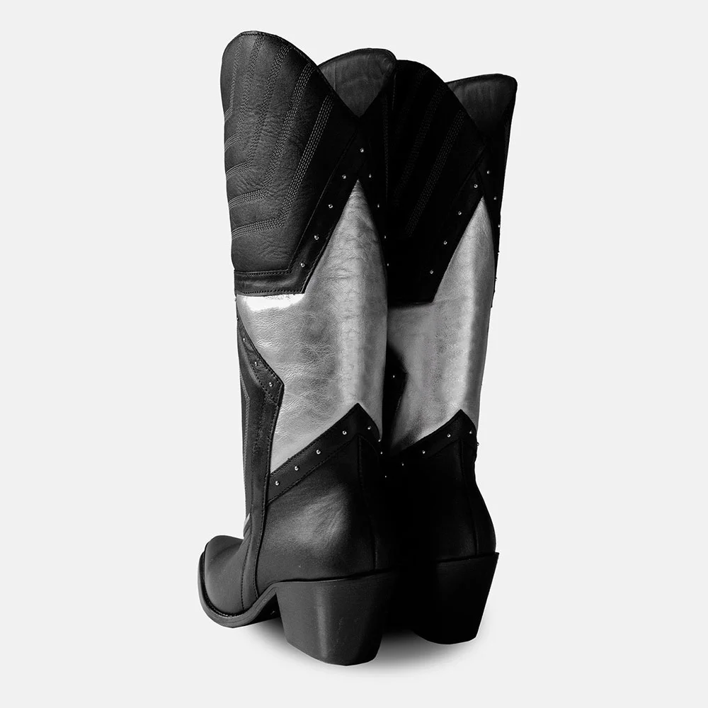 Block Heel Star Inlay Studded Knee High Black Cowgirl Boots for Women