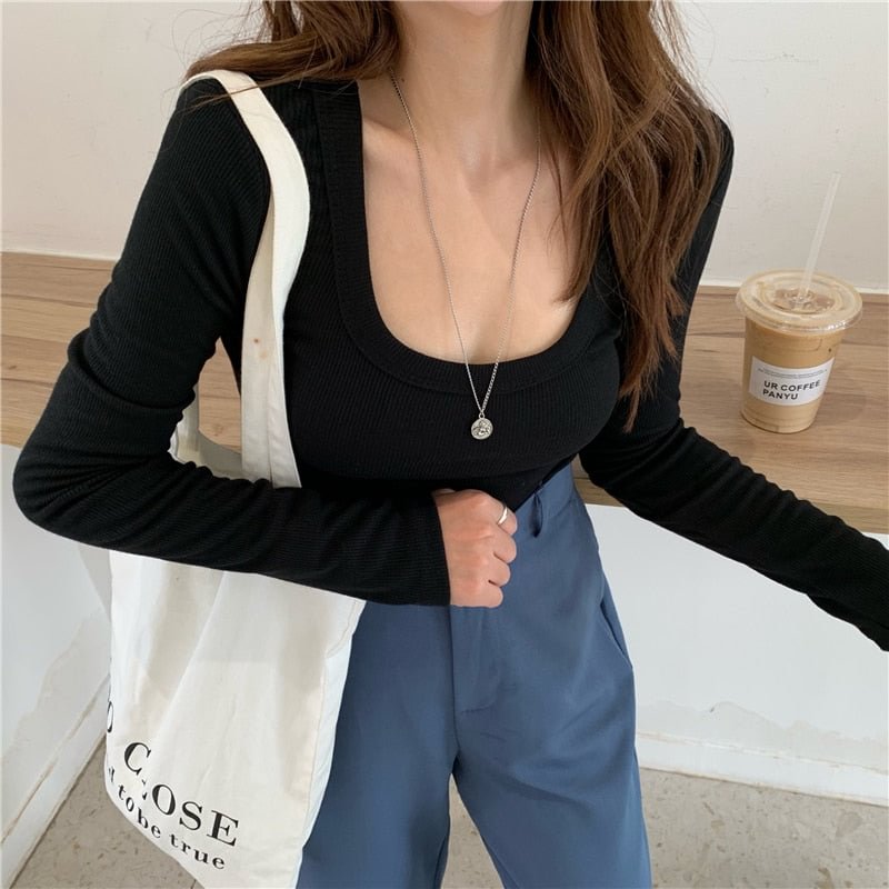 Pink Square Collar Bottoming Sweater T Shirt Women's Autumn Slim Fit Tight Long-Sleeved Pullover With 2022 New Style Tops Shirt