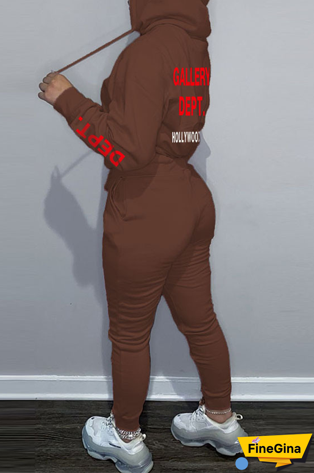 Brown Street Vintage Print Draw String Letter Hooded Collar Long Sleeve Two Pieces