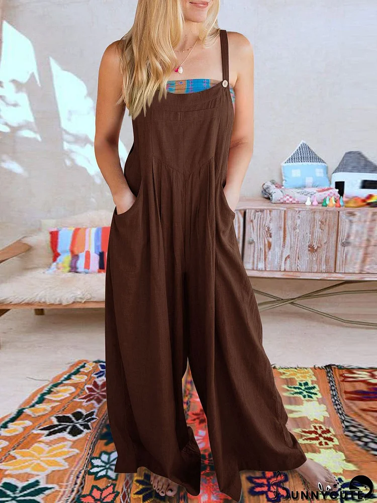 Women's Cotton Linen Sleeveless U-neck Colorful Solid Color Overalls Jumpsuit