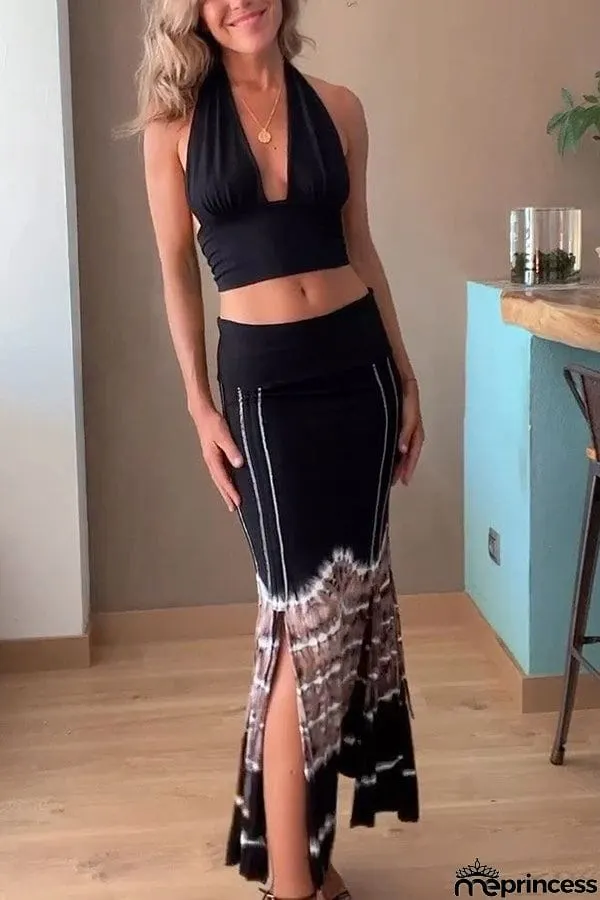 Wander Often Tie-dye Print Elastic Waistband Slit Stretch Maxi Skirt