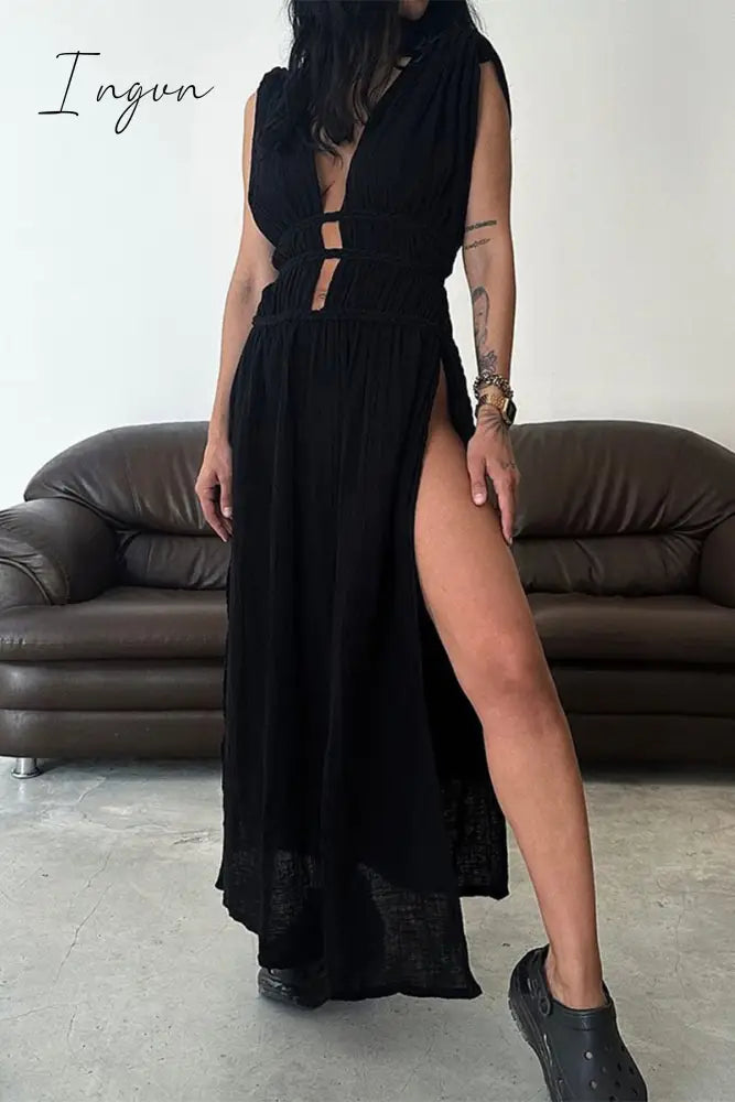 Ingvn - Sexy Bohemian Solid Slit V Neck Beach Dresses Black / One Size Dresses/Casual