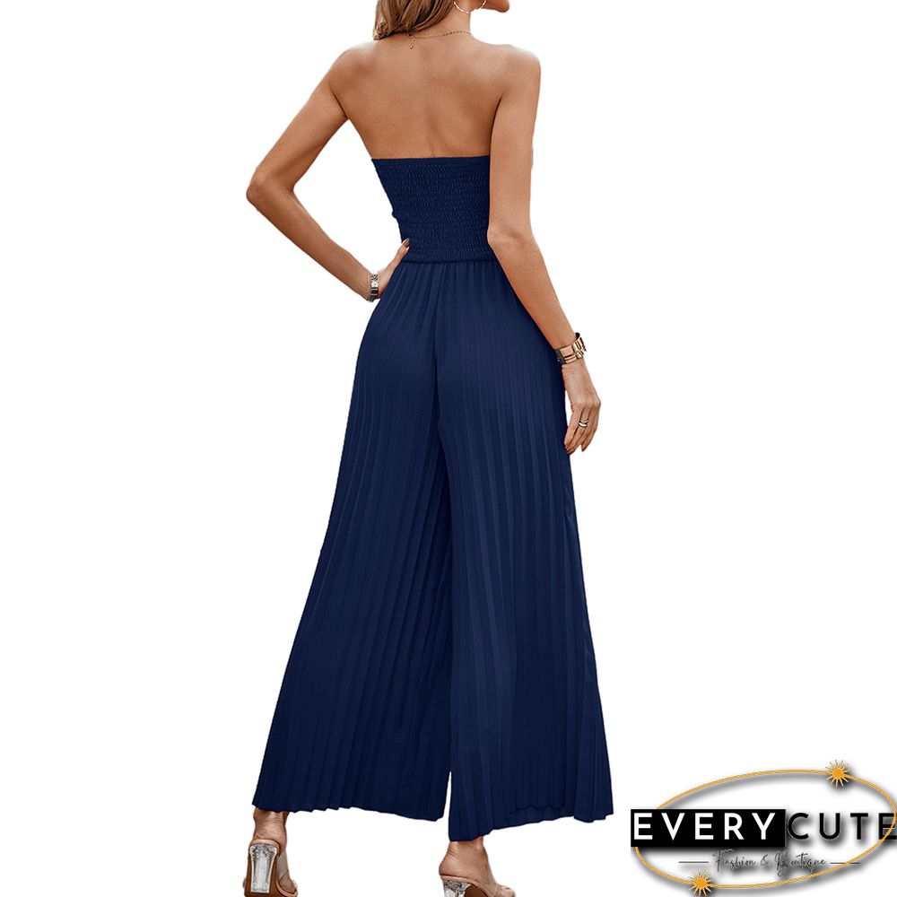 Navy Blue Smocked Tube Wide Leg Casual Jumpsuit