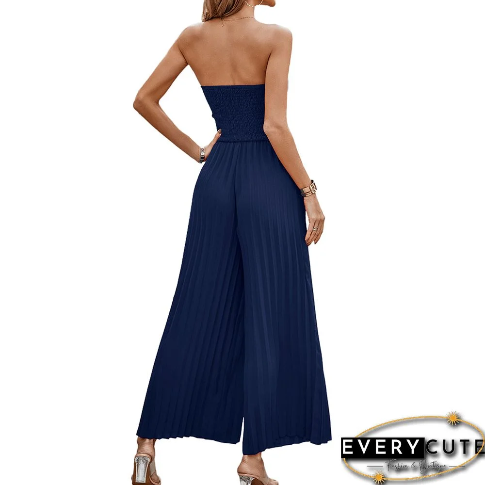 Navy Blue Smocked Tube Wide Leg Casual Jumpsuit