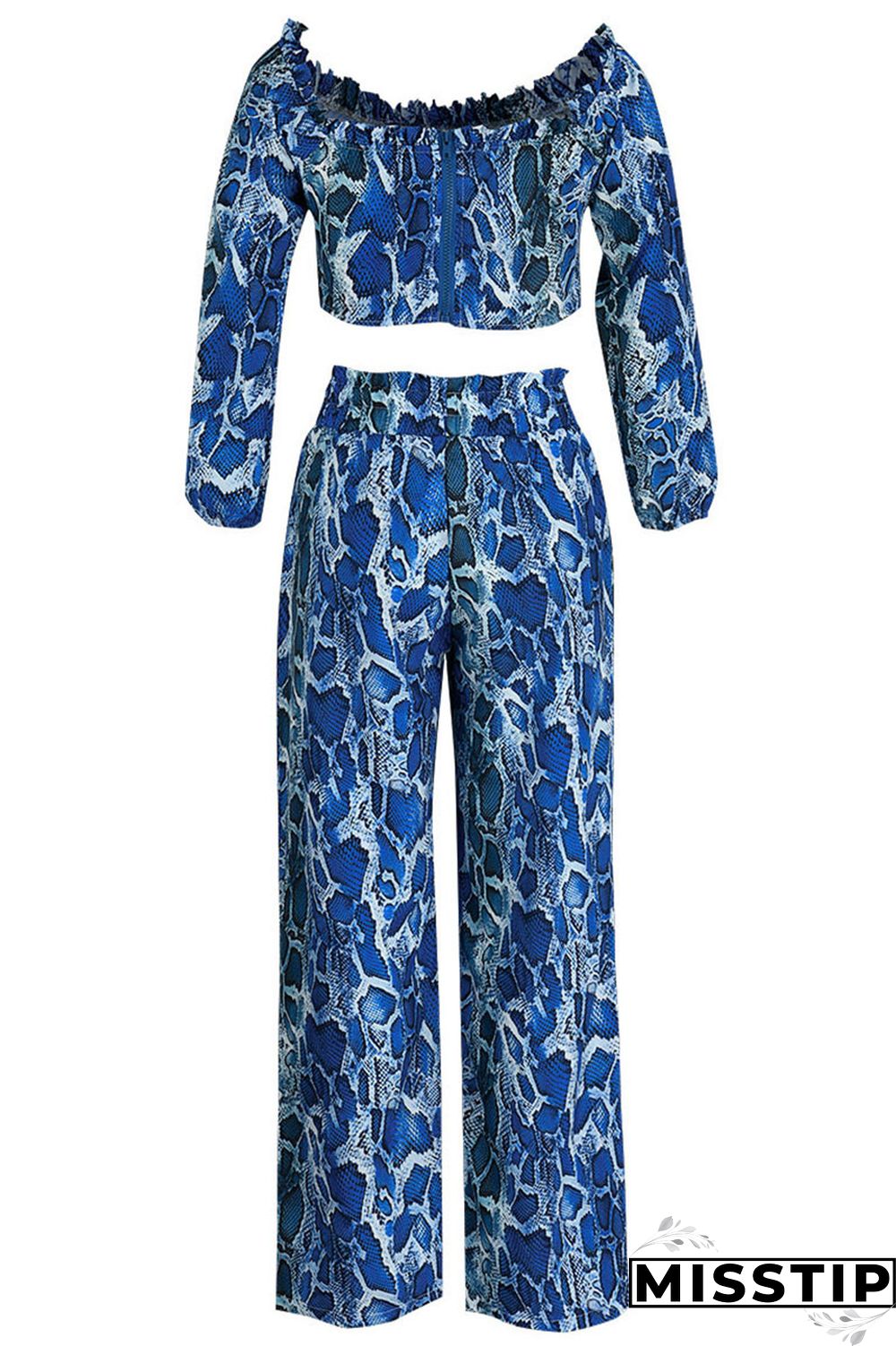 Blue Fashion Casual Print Backless Off the Shoulder Long Sleeve Two Pieces