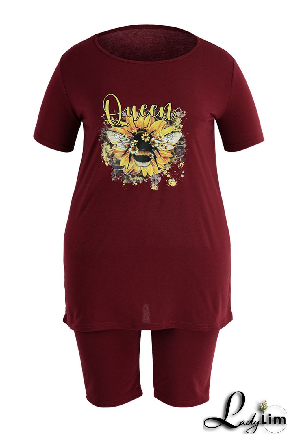 Blue Casual Print Split Joint O Neck Plus Size Two Pieces