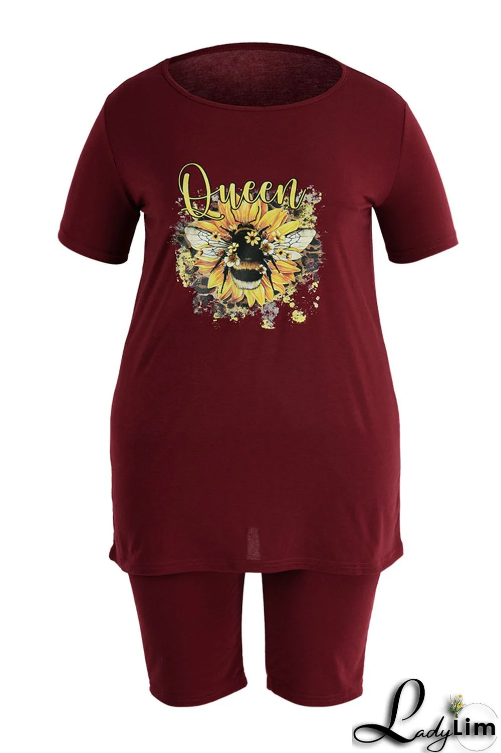 Blue Casual Print Split Joint O Neck Plus Size Two Pieces