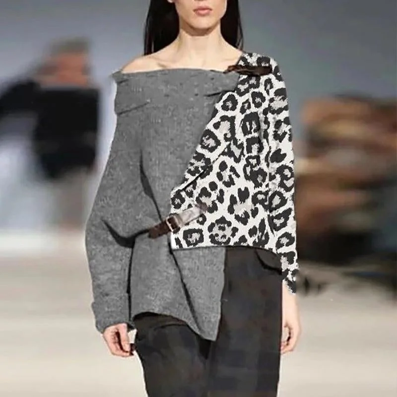 Leopard Printed Long Sleeve Irregular Sweater | EGEMISS