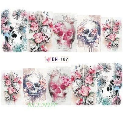 Sdrawing sticker for nail art decoration slider skull with pink flower crown watercolor design decal lacquer accessoires
