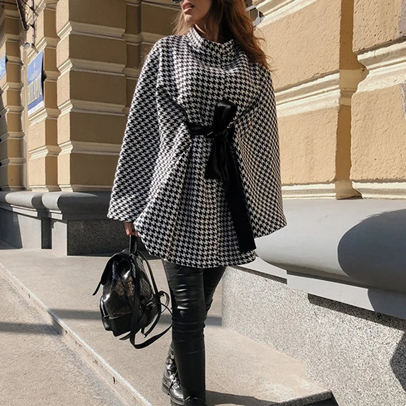 Fashion Houndstooth Loose Cloak Coat