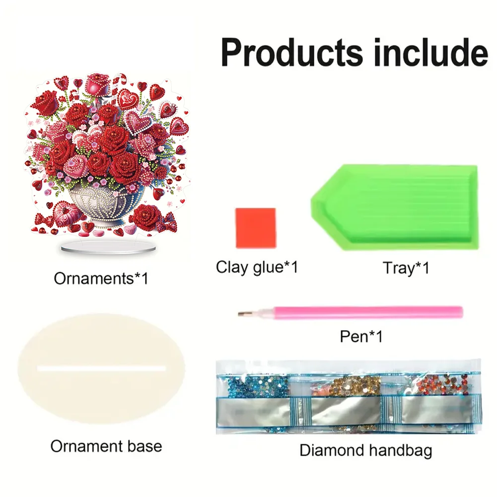 DIY Rose Vase Acrylic Table Top Diamond Painting Ornament Kits for Office Desktop Decor