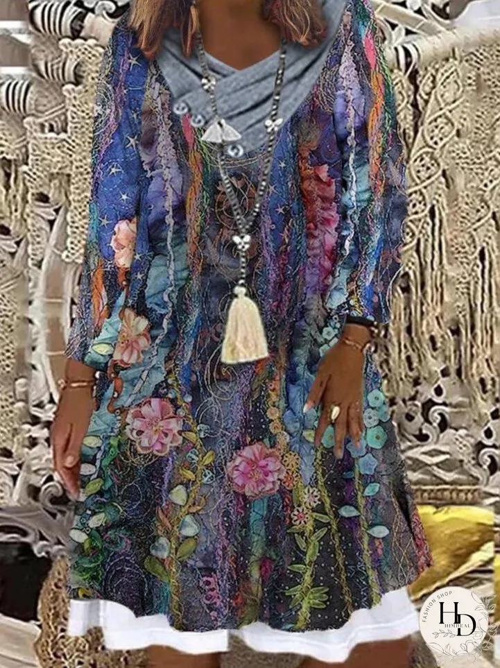 Dresses Pile Collar Printed Long Sleeve Dress for Women