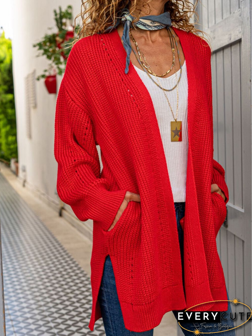 Collarless Plain Casual Sweater