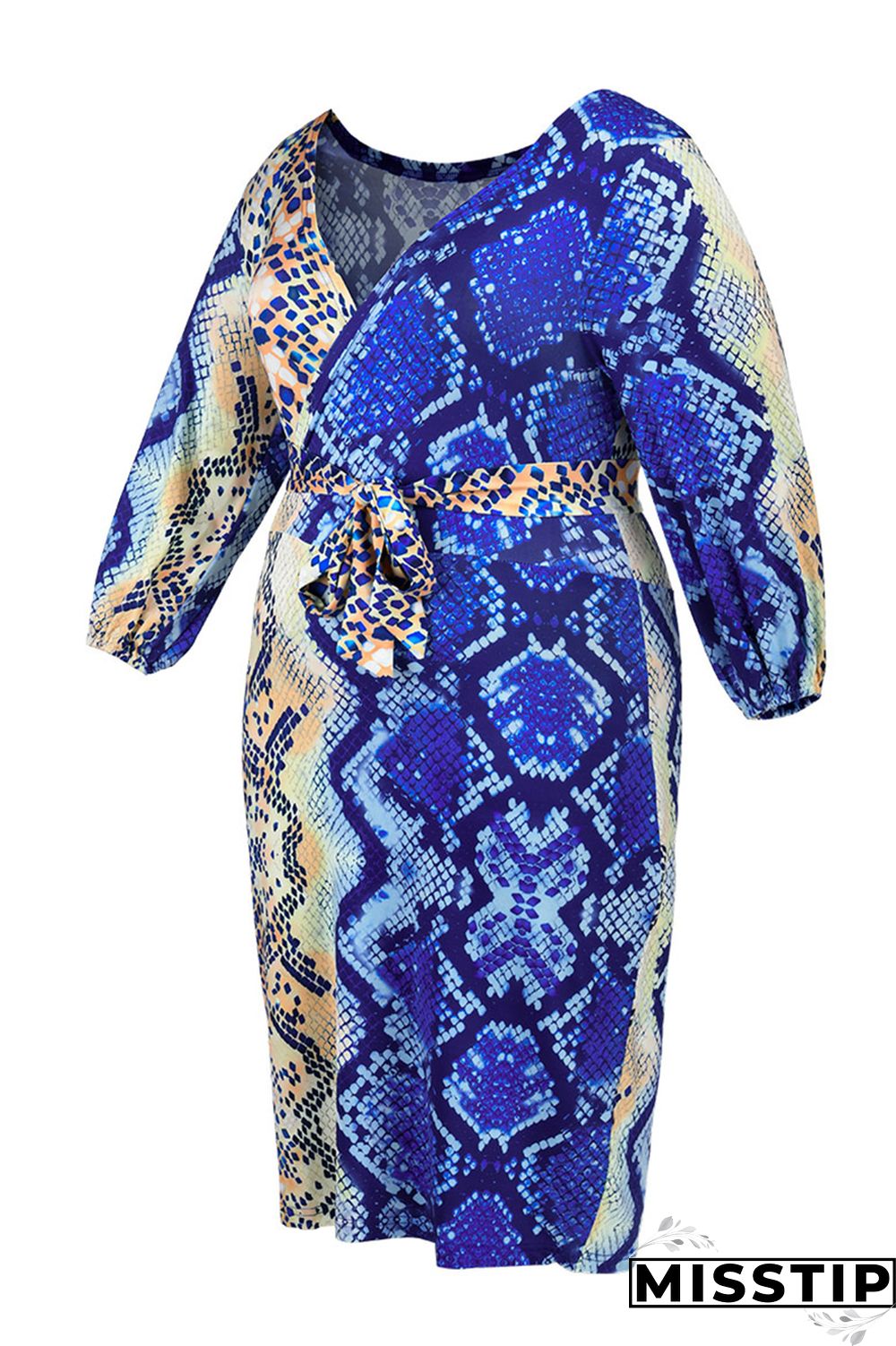 Blue Sexy Print With Belt V Neck Straight Plus Size Dresses