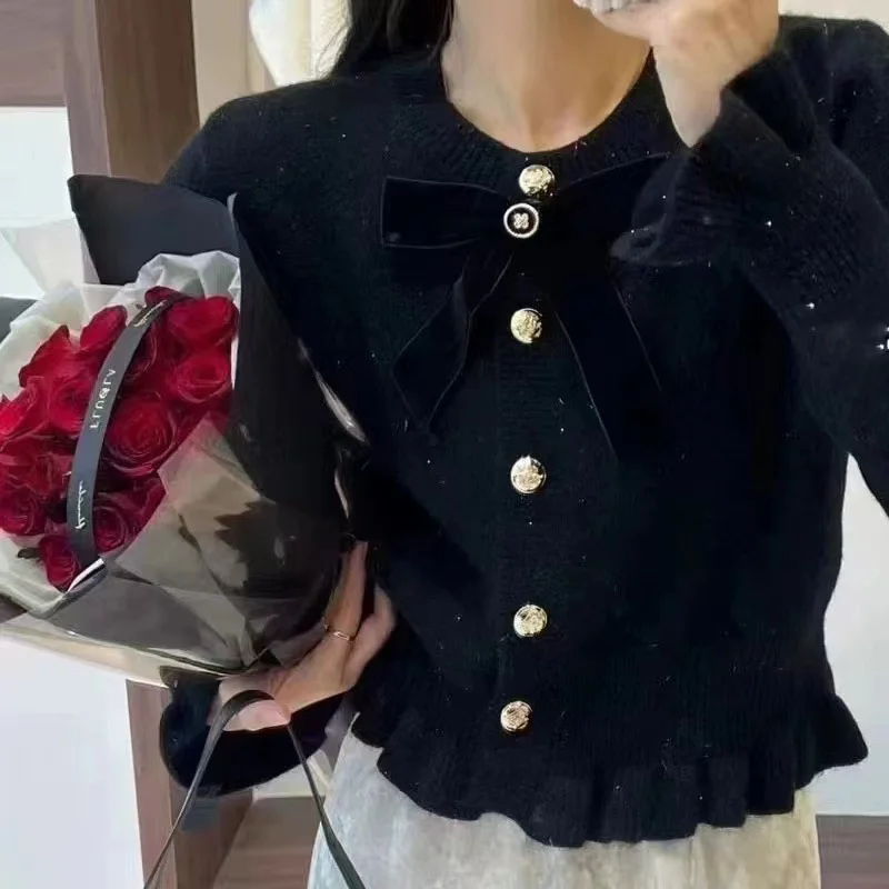 Ueong Sweet Bow Knit Cardigan Early Spring New 2024 Gentle Wind Sweater Long Sleeves Age-Reducing Jacket