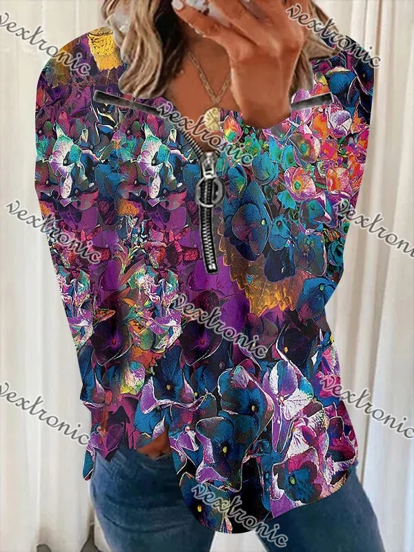 Women's V-neck Long Sleeve Purple Floral Printed Top