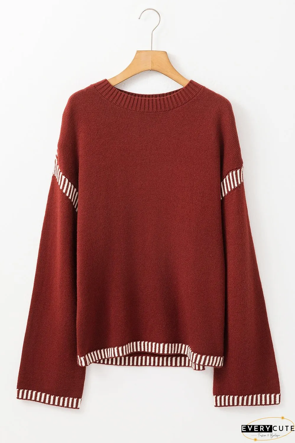 Red Dahlia Color Contrast Trim Drop Shoulder Crew Neck Sweater