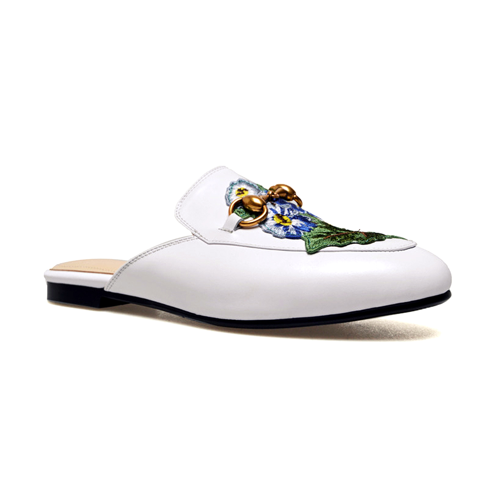 White Mandarin Duck Flower Metal Buckle Flats Mules Shoes-vocosishoes