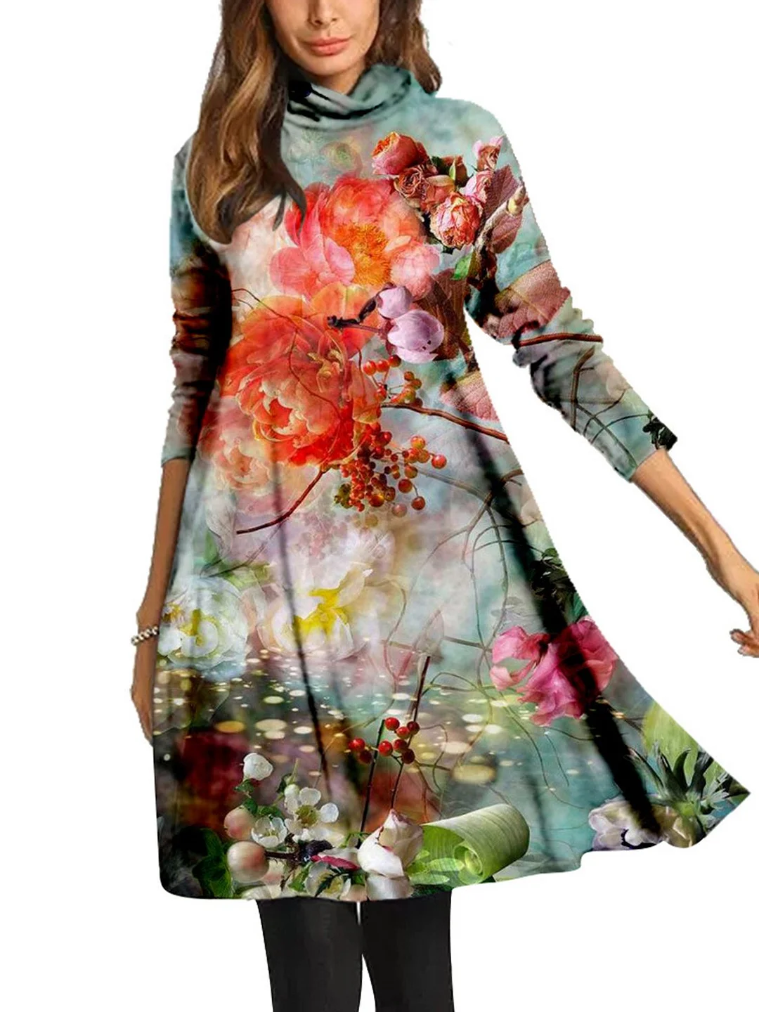 Women Long Sleeve Scoop Neck Printed Midi Dress