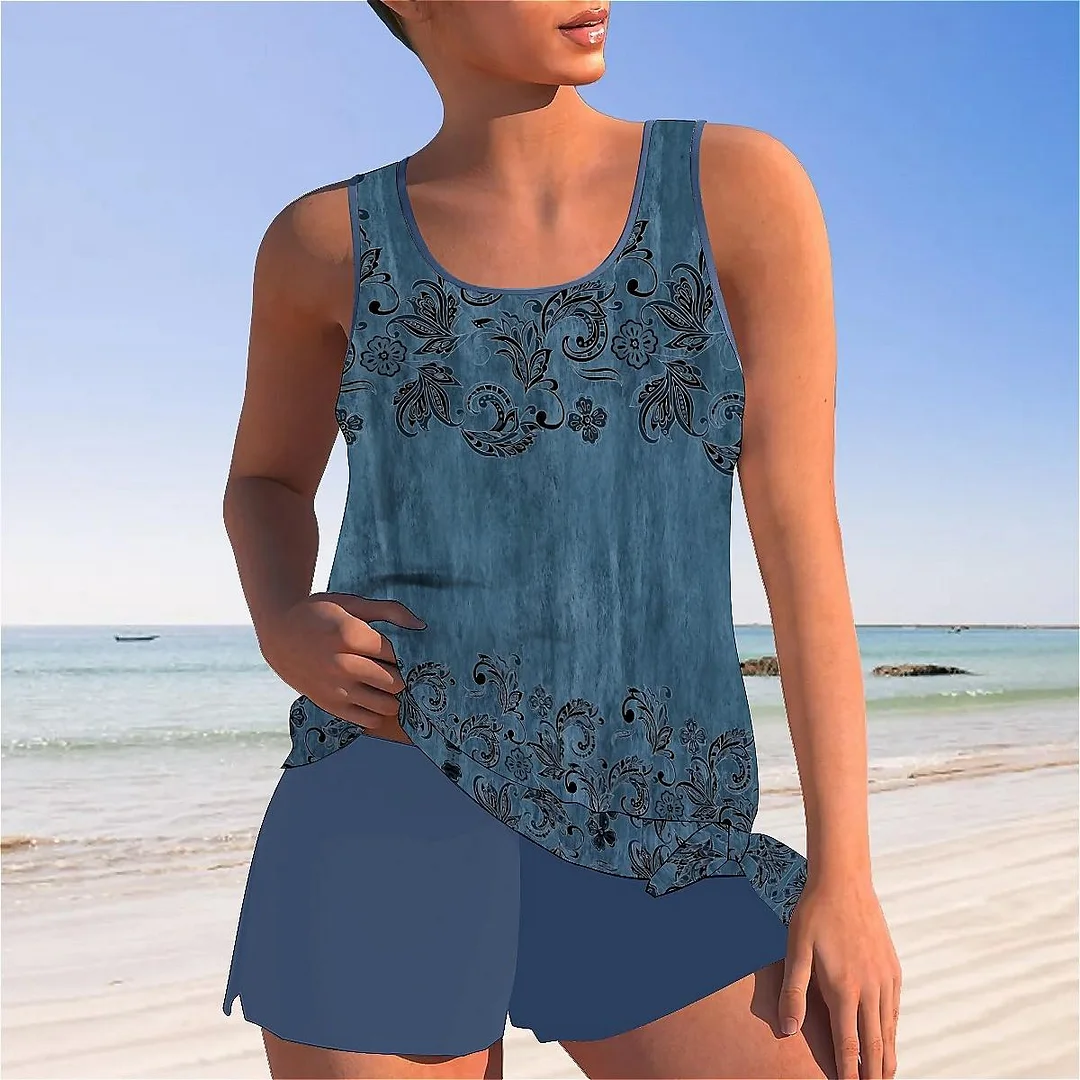 Bowknot Floral,Blue Mid Waisted Tankini Set - Plus Size Available