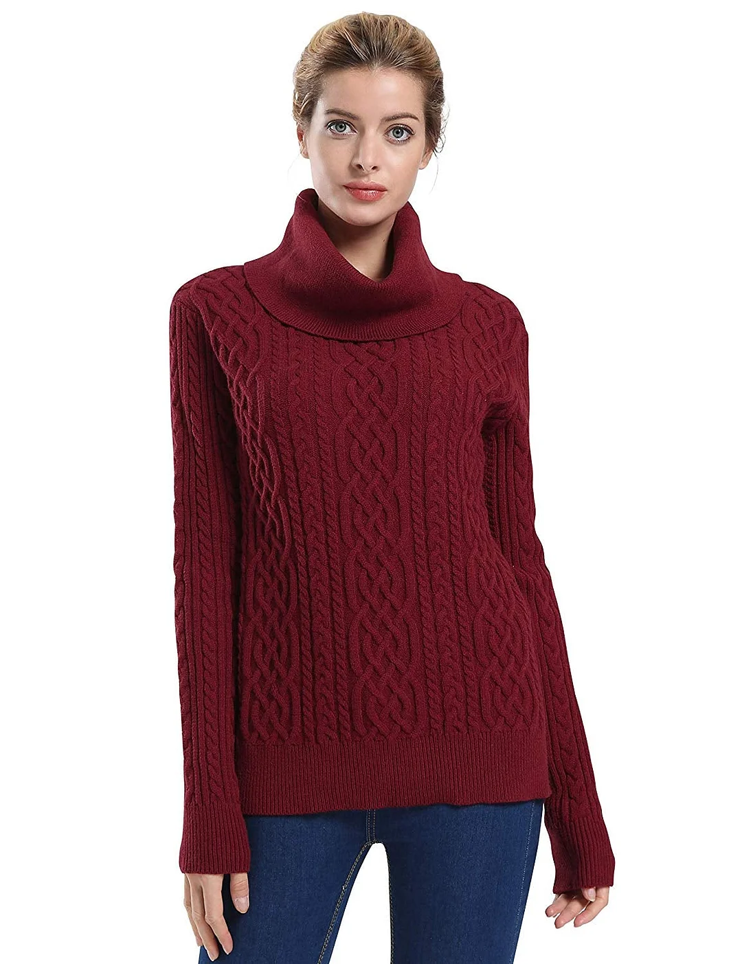 Women's Cowl-Neck Sweater Long Sleeve Pullover Cable Knit Sweater Tops