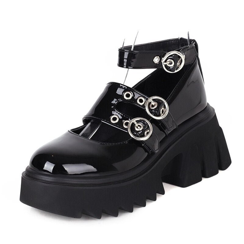 Gdgydh Fashion Buckle Chunky Gothic Platform Shoes Women Black Patent Leather Brand Design Fetish Pumps High Quality Footwear