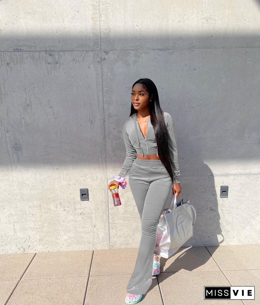 Velvet Solid Zipper Hooded Crop Tops Flare Pants Set