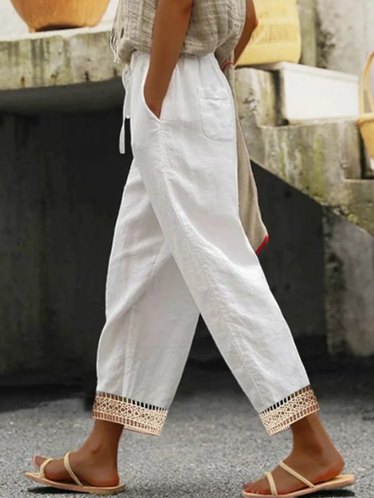 Comstylish Women's Casual Solid Color Hollow Drawstring Pants