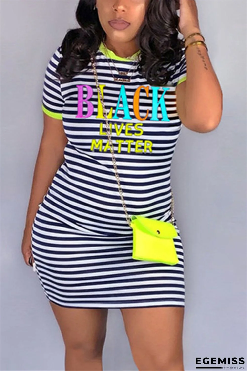 Green Fashion Striped Letter Printed Short Sleeve Dress | EGEMISS