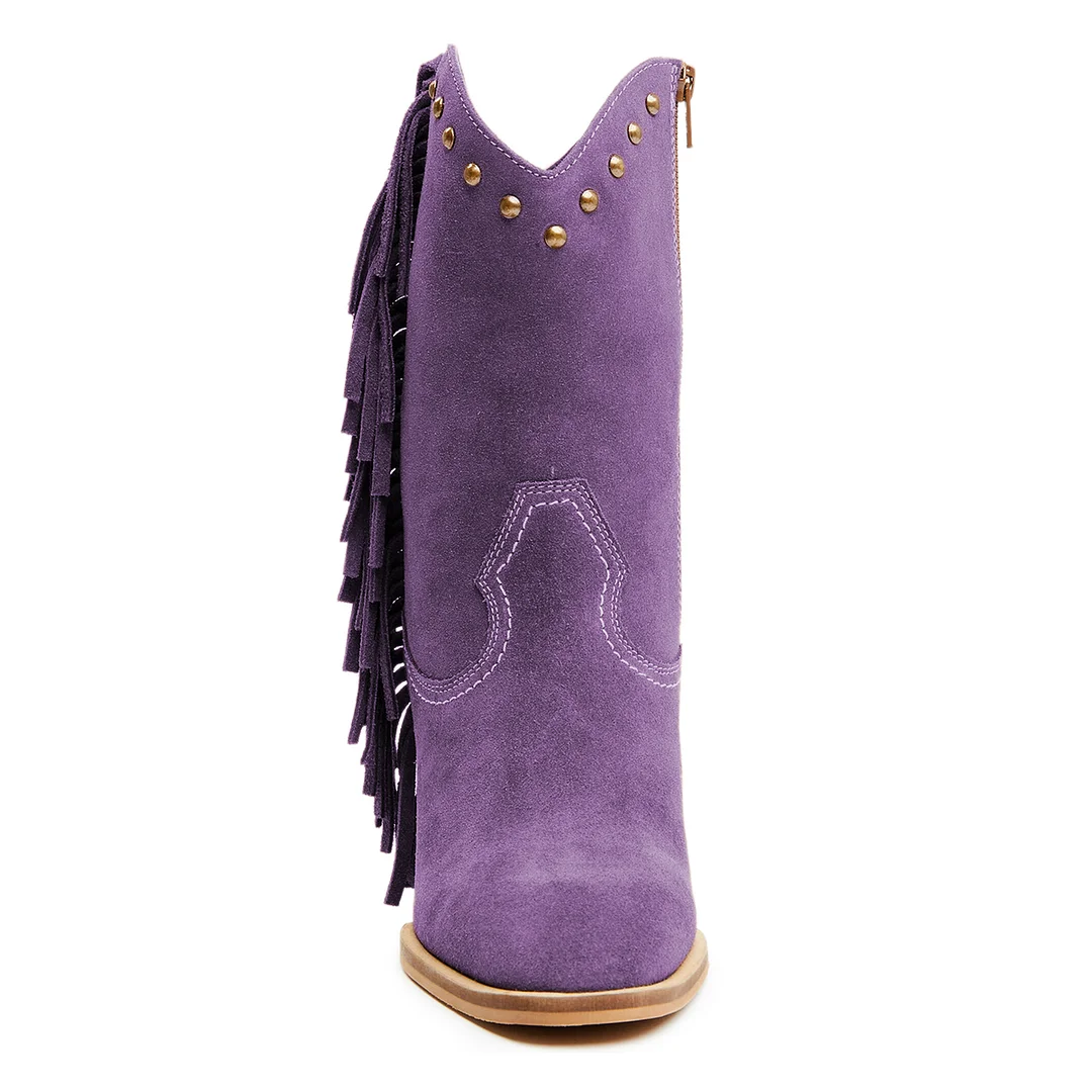 Faux Suede Side-Zip Fringe Decor Studded Ankle Boots in Purple