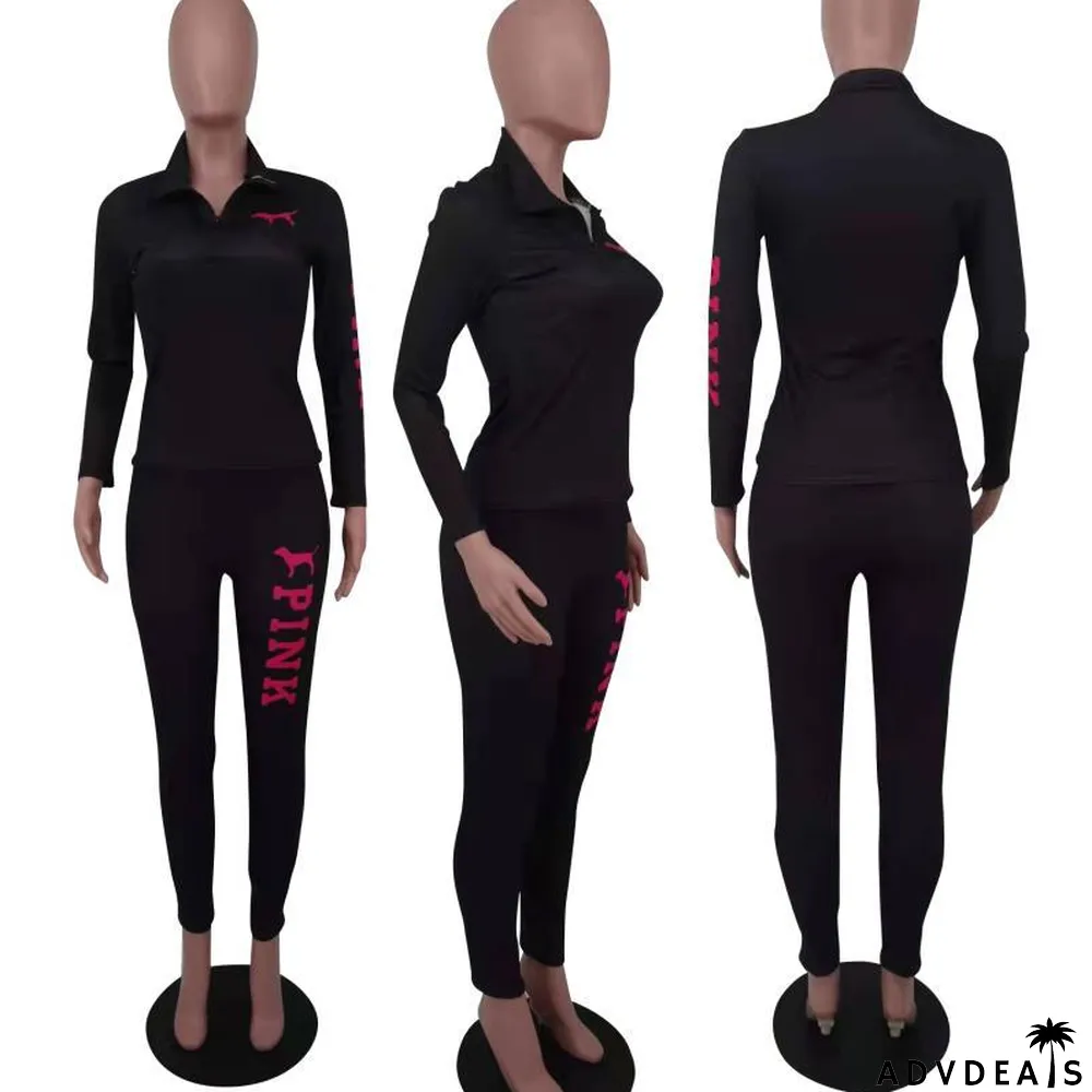 Pink Letter Print Long Sleeve Two Piece Sets