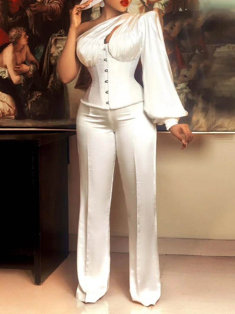 One Sleeves Solid Top with Pants Jumpsuit-zachics