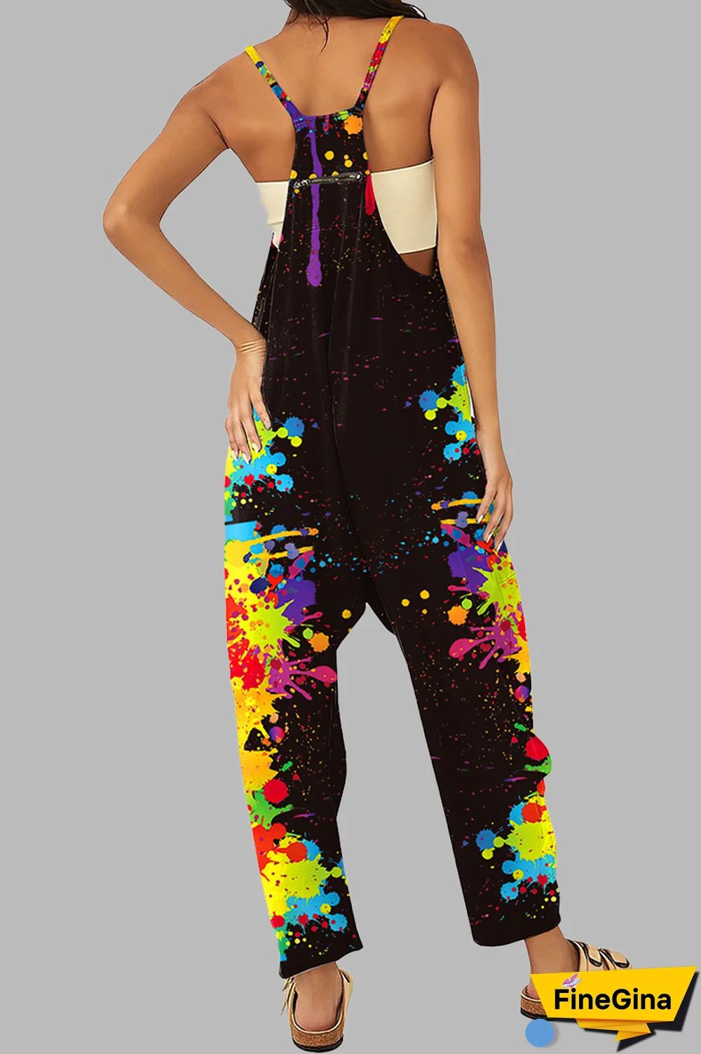 Black khaki Casual Gradual Change Print Patchwork Pocket Zipper Spaghetti Strap Loose Jumpsuits