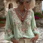 Women's Vintage Pink Floral Embroidered Art Pattern V-neck Long Sleeve Blouse - Image 6