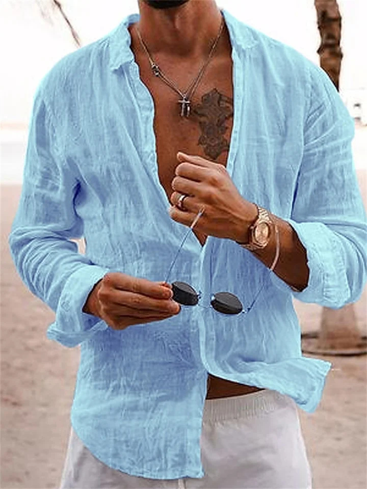 Cotton Hemp New Men's Long Sleeve Shirt Solid Color Lapel Casual Style Shirt-Cosfine