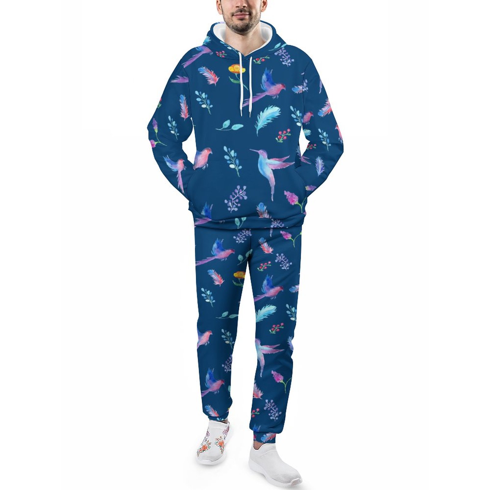 Beautiful Blue Birds And Feathers Hydrangea Flower Men's Sweatsuits Set Casual Athletic Pullover And Sweatpants Suit Outfit