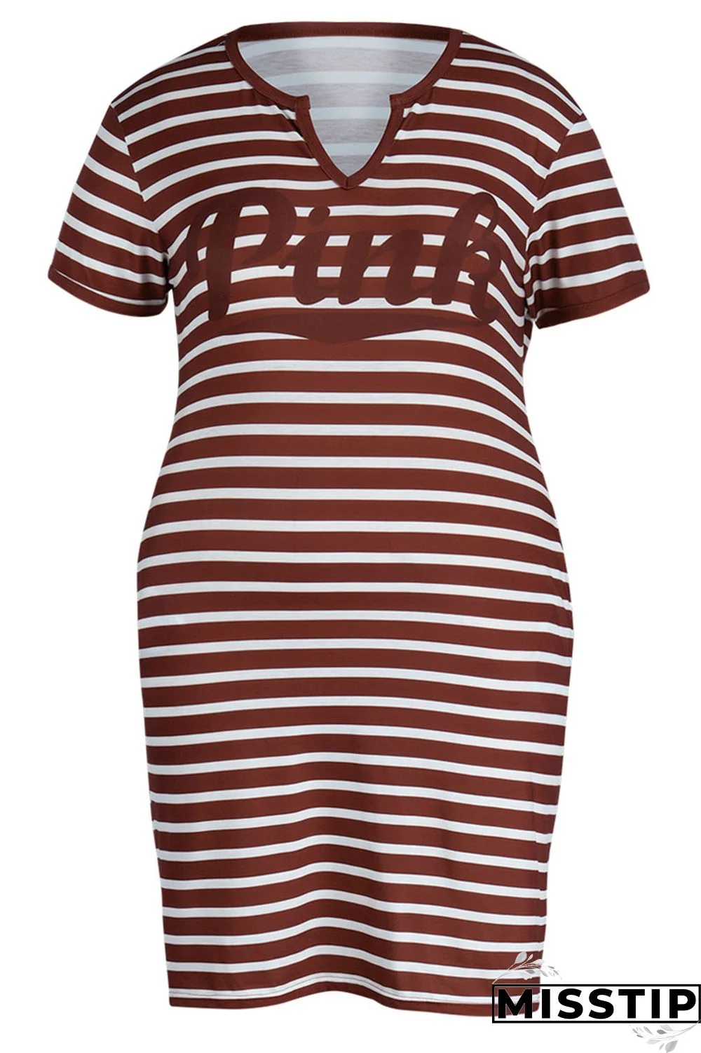 Cyanine Casual Striped Print Patchwork V Neck Straight Plus Size Dresses