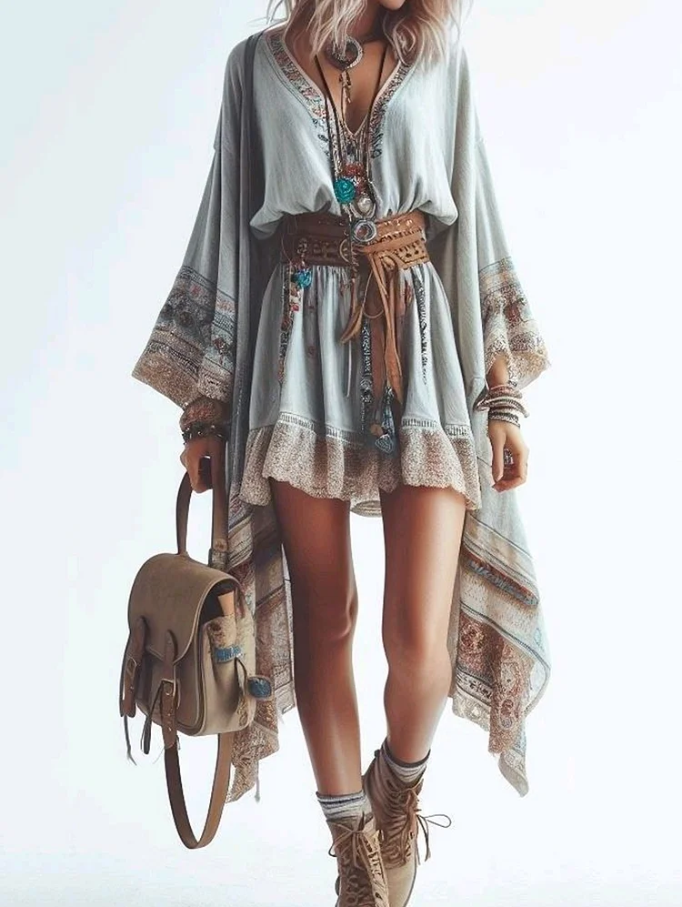 Boho Pattern Flare Sleeve Irregular Hem V Neck Mini Dress