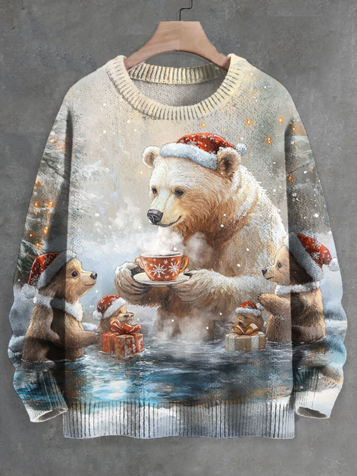 Men's The Bear Family Celebrates Christmas Art Print Knit Sweatshirt