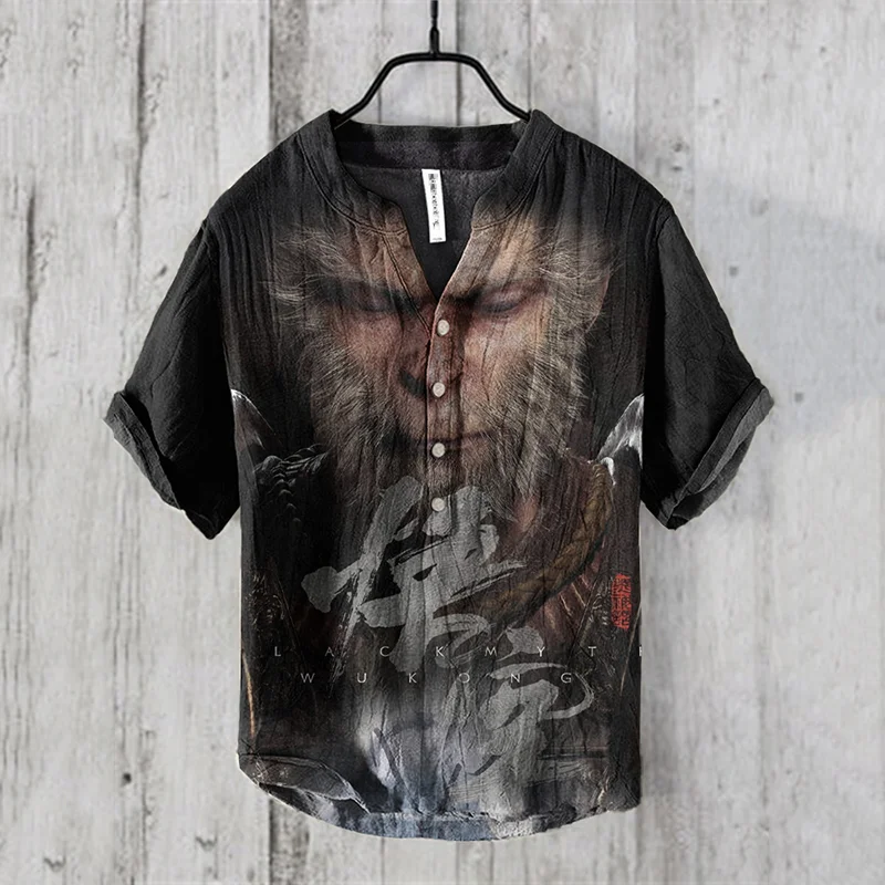 Men's Black Myth Wukong Graphic Art Linen Blend Shirt