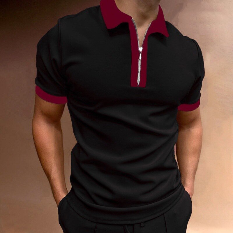 BrosWear Men's Fashion Contrast Color Zipper Collar Polo Shirt